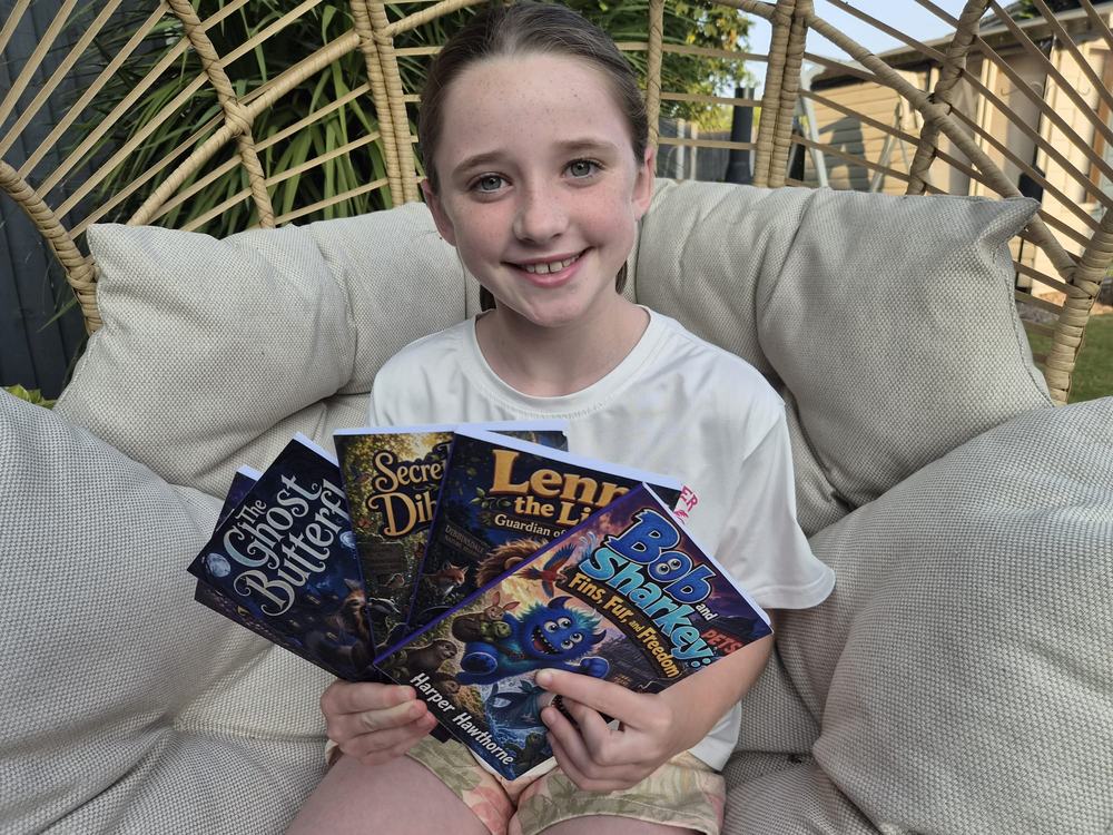 Harper holding five Storywizard books she authored